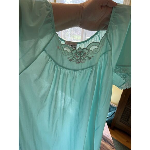 Vtg Nylon Kelly Reed Nightgown Nighty Mint Aqua Green Sz M Floral Embroidery - Picture 1 of 14